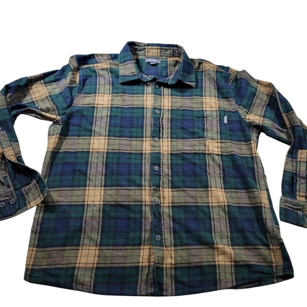 Eddie Bauer Flannel Shirt Mens 2XL Green Brown Plaid Long Sleeve Button Up
